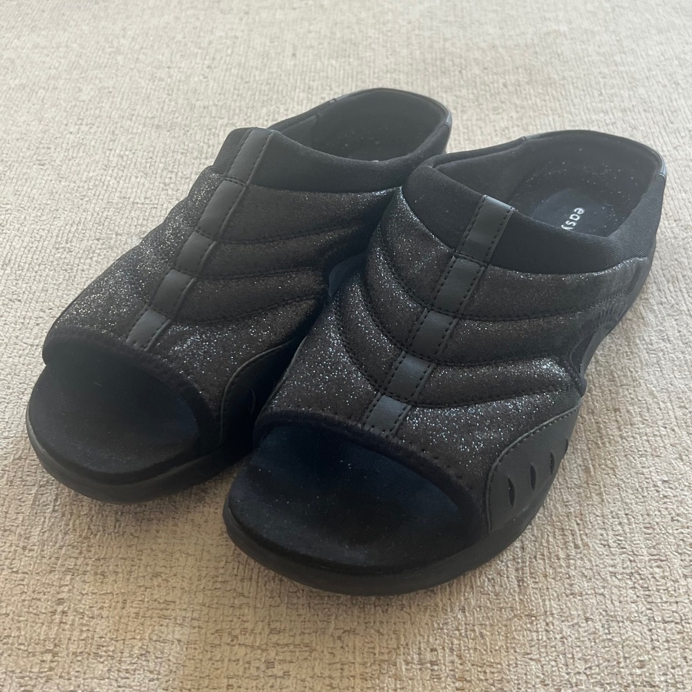 Easy Spirit Traciee Black Glitter Quilted Slide Sandals Womens 10W SETRACIEE3